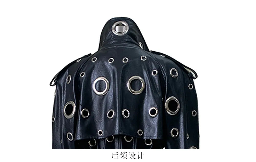 Nerazzurri Autumn Oversized Extra Long Pu Leather Trench Coat for Women Holes Hollow Out Luxury Designer Emo Streetwear Overcoat