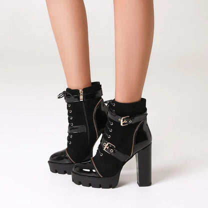 Design Women Black Leather Round Toe Rivets Metal Zippers Block High Heel Thick Bottom Ankle Boots Belt Buckles Platform Boots