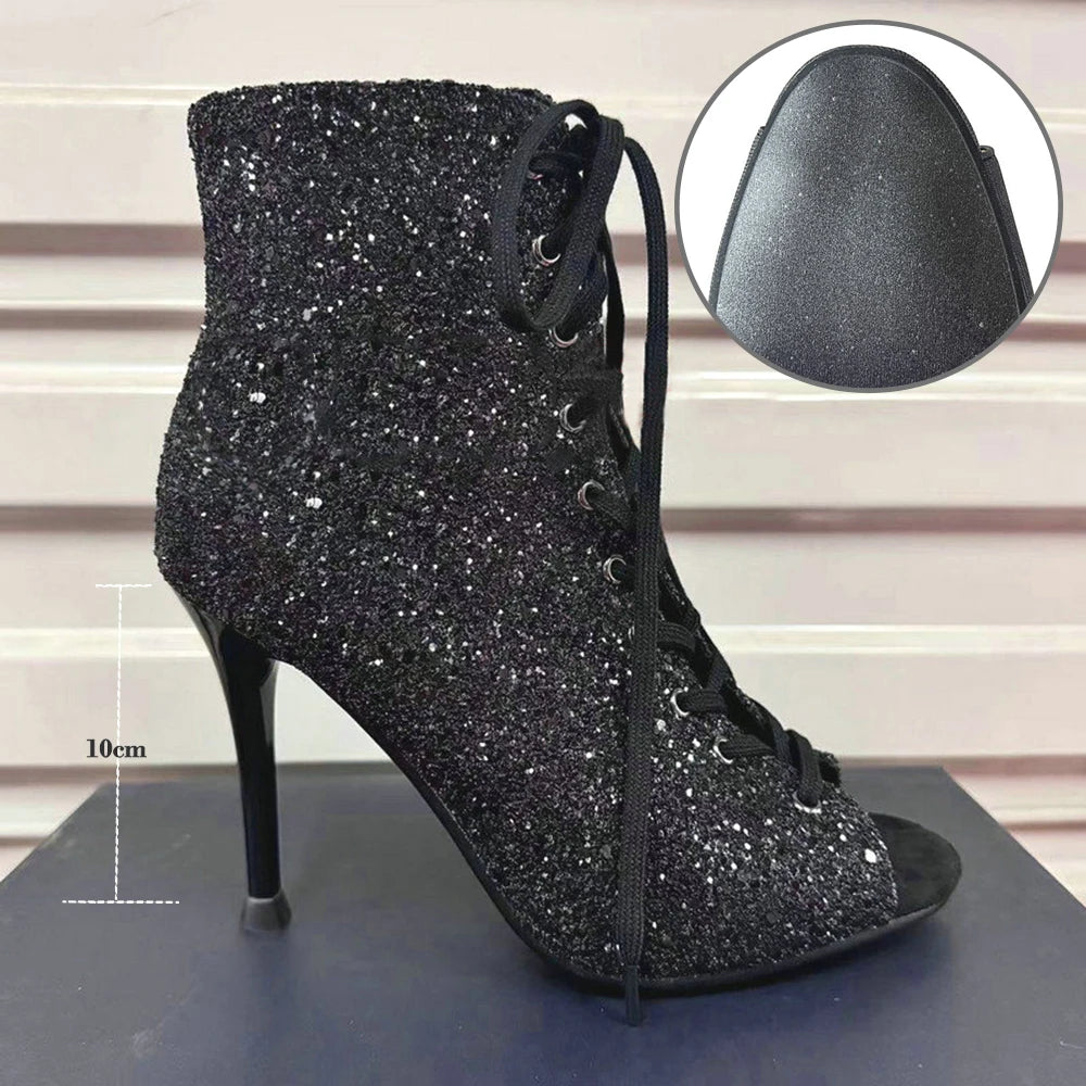 Dance Heels Champagne Black Sparkly Glitter Rubber Sole 10cm Professional High Heel Dance Shoes Salsa Women Dance Party Shoes