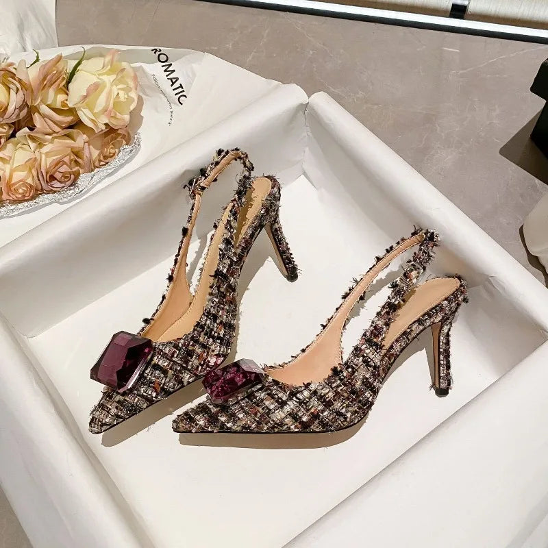 Luxury Diamonds Brand High Heels Women Sexy Pointed Toe Pumps Jewelry Sandals Ladies Elegant  Backless Party Dress Shoes Female