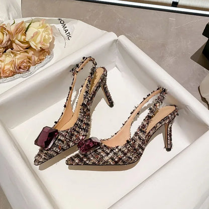 Luxury Diamonds Brand High Heels Women Sexy Pointed Toe Pumps Jewelry Sandals Ladies Elegant  Backless Party Dress Shoes Female