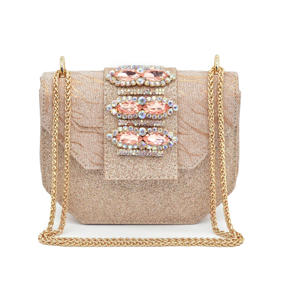 Latest Party Shoes and Bags To Match for Nigerian Elegant Luxury Low Heels Pointed Toe Rhinestone Shoe and Bag Set for Wedding