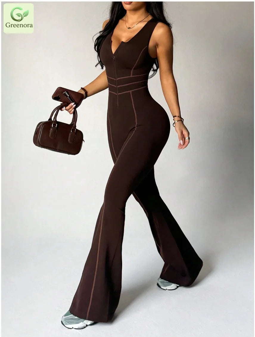 Greenora Women Sexy Zip Up Jumpsuit Contrast Stitch Flare Pants One Piece Outfits Streetwear Bodycon Romper Y2K Clubwear 2026