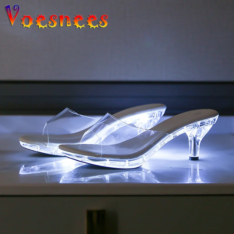 6CM Women's Kitten Heels Slides LED Light Sandals Nightclub Slim Heel Transparent Crystal Outside Slippers Tourist Beach Shoes
