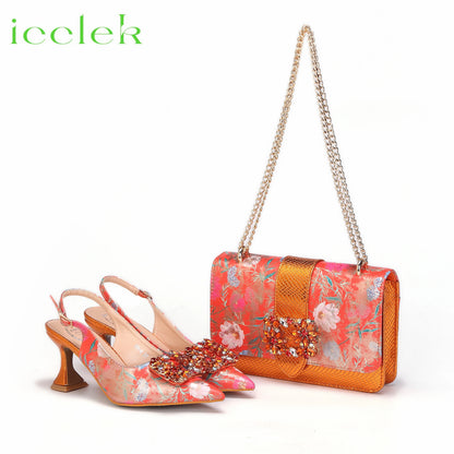 Newest Green Color Print Design High Heels Decorated with Water Rhinestone Party Women's Shoes and Bags Set