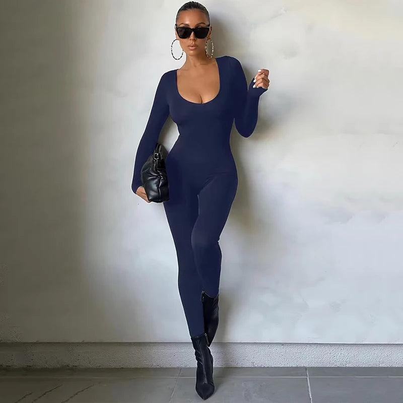 Hugcitar 2025 Square Collar Solid Long Sleeve Stretchy Bodycon Jumpsuits Winter Women Fashion Romper Streetwear Sport Wholesale