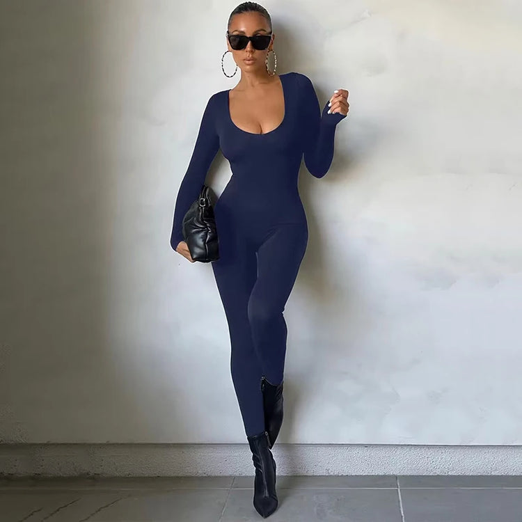 Hugcitar 2025 Square Collar Solid Long Sleeve Stretchy Bodycon Jumpsuits Winter Women Fashion Romper Streetwear Sport Wholesale