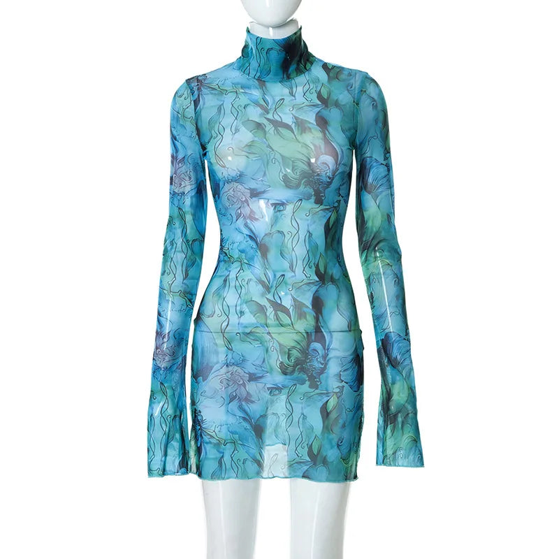 Flare Sleeve Color Printing Bodycon Dress Mini Women Clothing Turtleneck Sexy Streetwear High Waist Fashion One-Pieces Outfits