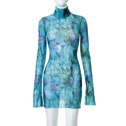 Flare Sleeve Color Printing Bodycon Dress Mini Women Clothing Turtleneck Sexy Streetwear High Waist Fashion One-Pieces Outfits
