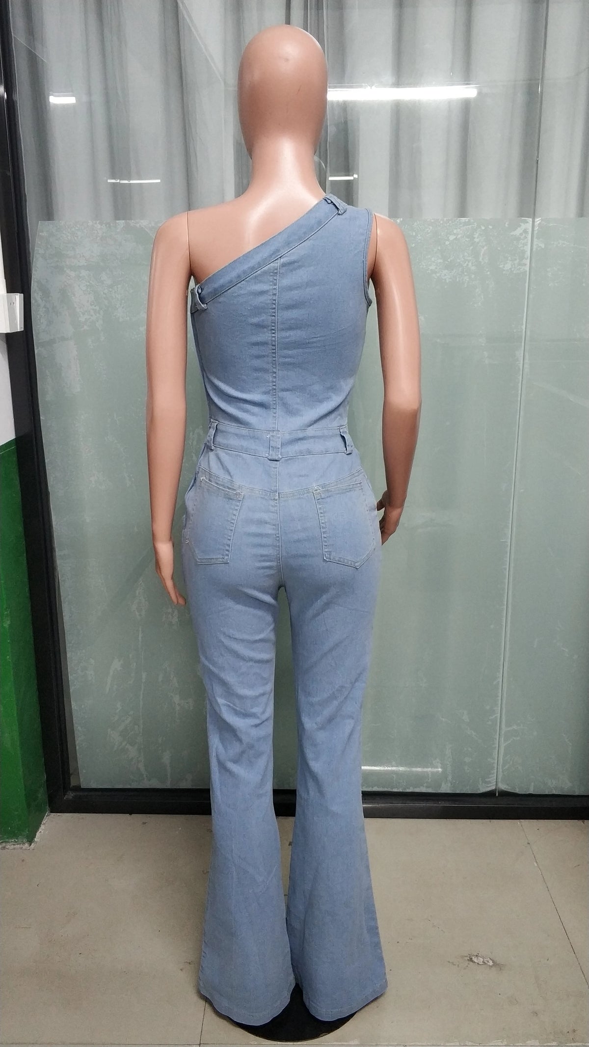 High Street Jeans Stretch Romper Sexy Women One Shoulder Elegant Denim Casual Romper Overalls