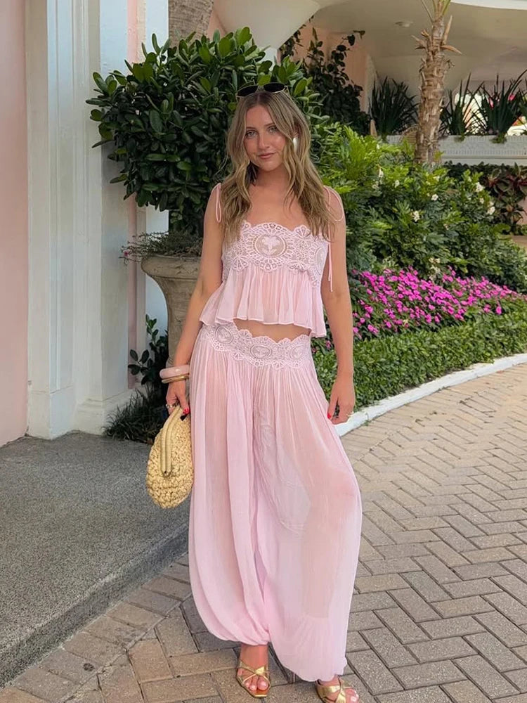 Beach Lace Hollow Out Women's Summer Pants Sets Lace Up Backless Spaghetti Strap Crop Top Loose Pleated Lantern Pant 2026 Suit