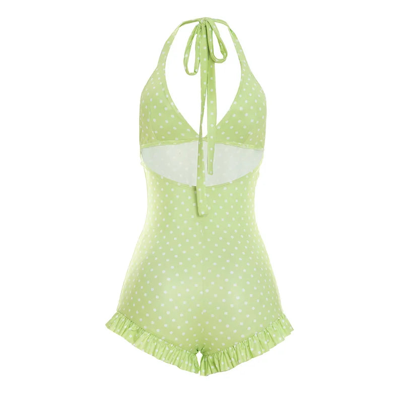 HLJ&GG Sexy Hot Girl Polka Dot Print Ruffle Bodycon One Piece Rompers Women Halter Backless Lace Up Playsuits Fashion Overalls