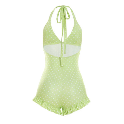 HLJ&GG Sexy Hot Girl Polka Dot Print Ruffle Bodycon One Piece Rompers Women Halter Backless Lace Up Playsuits Fashion Overalls
