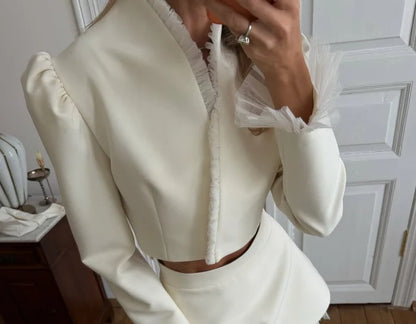 White Women's mesh two piece set Puff Sleeve V Neck blazer two piece dress set Daily Commuter Party  Outfit 2026 Summer Style