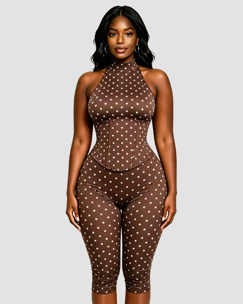 FAGADOER Cute Polka Dot Bodycon Rompers Hot Girl Streetwear Lace Up Bandage Corset Halter Jumpsuits Summer Night Club Playsuits