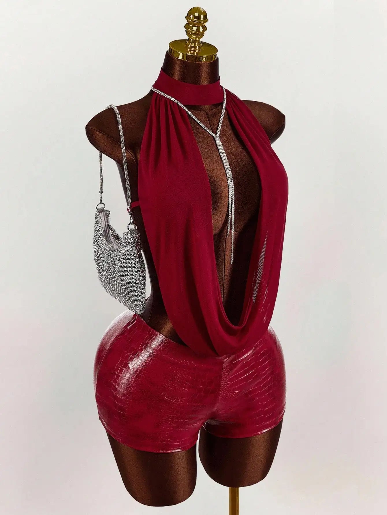 Women's Solid-Color Mesh Halter Top and Leather Jumpsuit