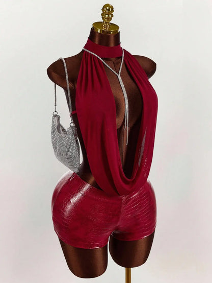 Women's Solid-Color Mesh Halter Top and Leather Jumpsuit