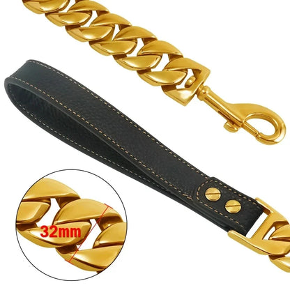 Traction Solid Super Strong Gold Collar Stainles Steel Dog Leash Pet Lead Chain 32mm 19mm Bulldog Pitbull Large Dog Collar Leash