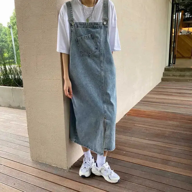 Korean style Denim Overall Dress Women Sleeveless Jeans Dresses Female Solid Slip Casual Loose Spaghetti Strap Dresses