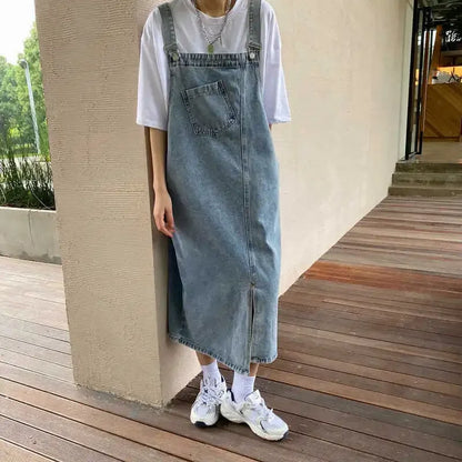 Korean style Denim Overall Dress Women Sleeveless Jeans Dresses Female Solid Slip Casual Loose Spaghetti Strap Dresses