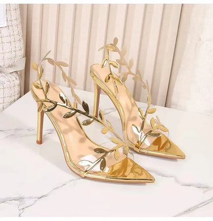 2026 Summer Fashion Patent Leather Gold Leaf Women Sandals Elegant Pointed Toe Thin High Heels Gladiator Sandalias Party Shoes