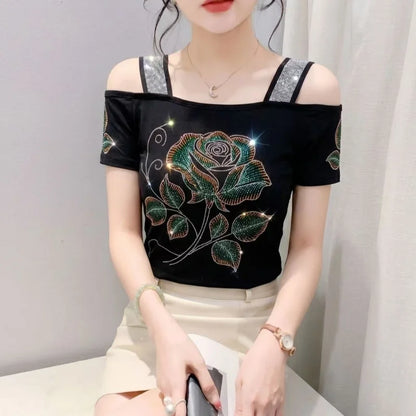High Quality Elasticity Clothes Fashion T-Shirts Women's Sexy Off Shoulder Shiny Diamonds Mesh Tops Summer Tees Shirt