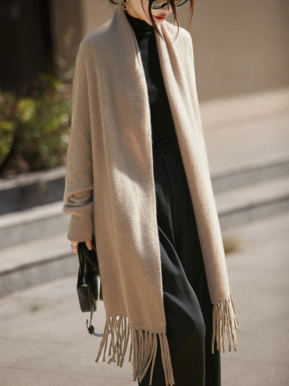Light Luxury Autumn Winter Woman Shawl Elegant Female 100% Merino Wool Knitwear New Fashion Ladies Tassel Scarf Solid Jersey