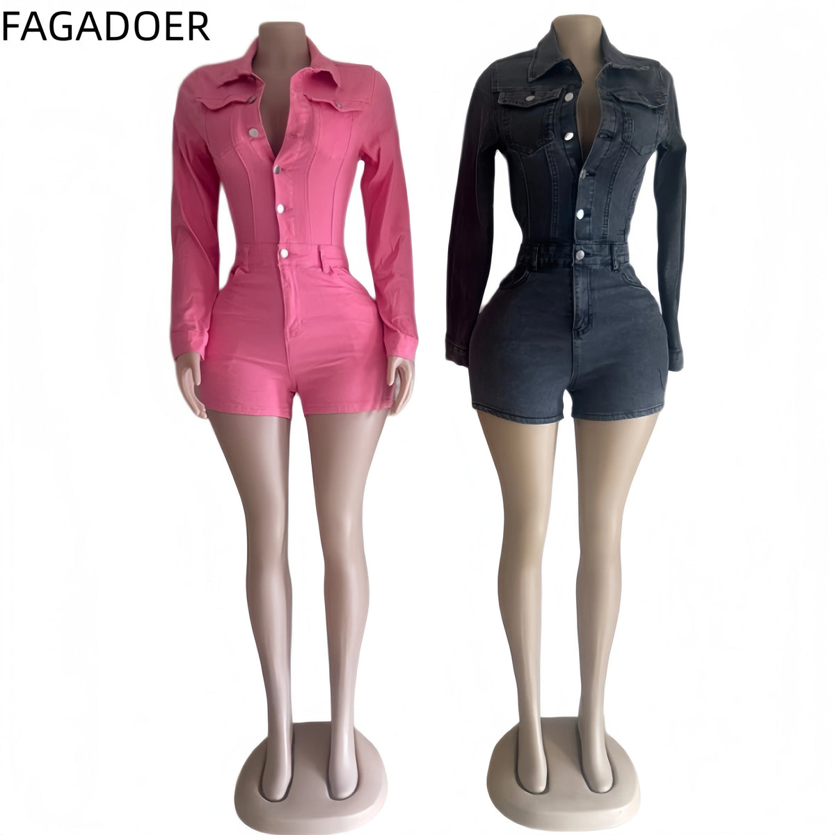 FAGADOER Trendy Denim Bodycon Rompers Women Button Stretchy One Piece Jeans Jumpsuits Fashion Female Streetwear Overalls New
