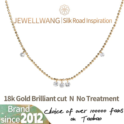 JEWELLWANG Floating Shine Lab Created Diamond Pendant 18K Yellow Gold Round Bead Adjustable Chain Suspended Real Diamond Gift