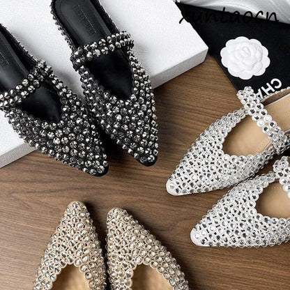 Luxury Rhinestone Pointed Toe Slippers for Women Sexy Backless Flats Mules Sandals Elegant Party Dress Mary Jane Shoes Ladies