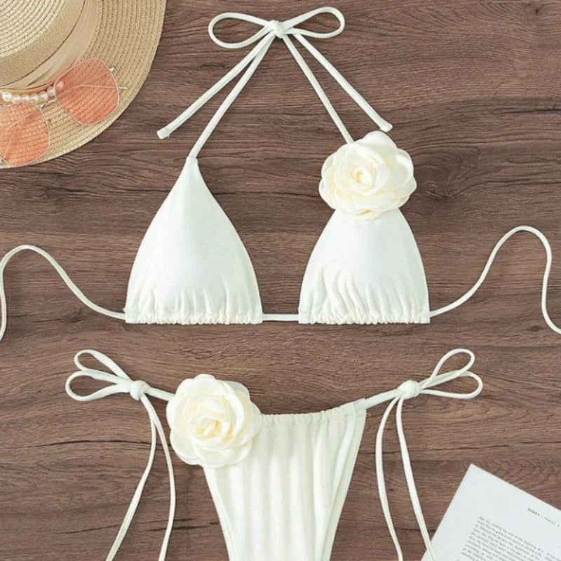 2026 S-L Sexy 3D Flowers Halter Strappy Bikini Women Swimwear Female Swimsuit Two-pieces Bikini Set Bather Bathing Suit Swim