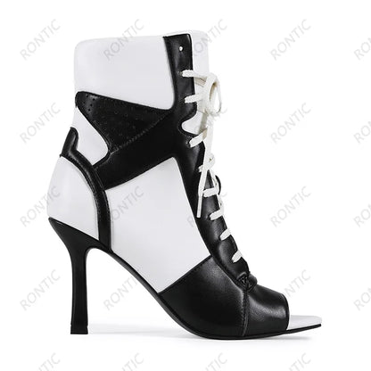 Rontic Women Red Black Color Block Peep Toe Ankle Booties, Lace Up Stiletto Heel Cutout Patchwork Fashion Open Toe Party Shoes