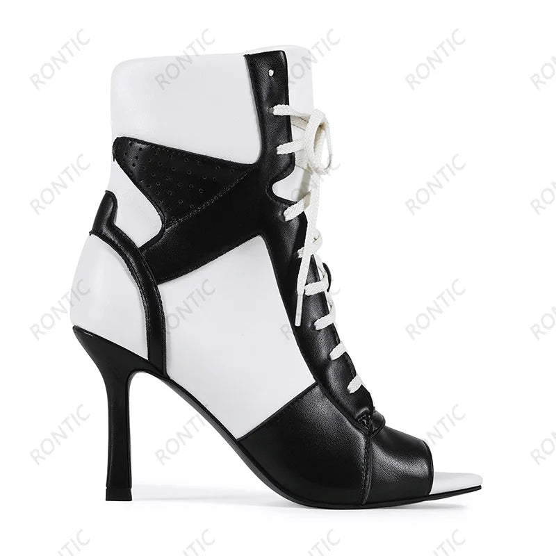 Rontic Women Red Black Color Block Peep Toe Ankle Booties, Lace Up Stiletto Heel Cutout Patchwork Fashion Open Toe Party Shoes