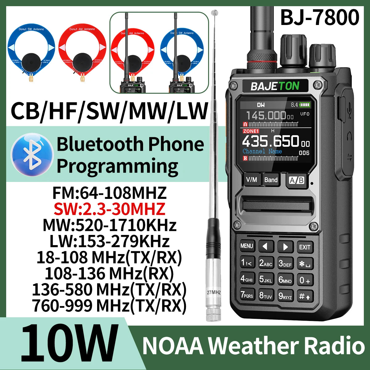 BAJETON BJ-7800 Walkie Talkie Long Range SW MW LW AM SSB CB 10W Receive Wireless Bluetooth Phone Programming Ham Radio RT-920