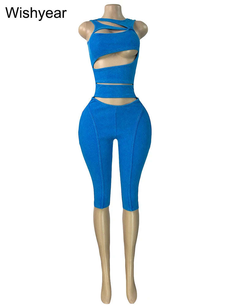 Women Ribbed Sleeveless Cutout One Pieces Jumpsuit Crisscross Hollow High Waist Capri Skinny Pant Rompers Summer Nightclub Party