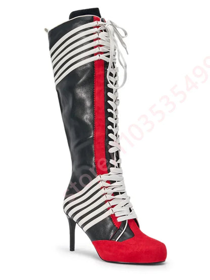 Black Red Color Block Striped Knee High Boots Women 2026 New Full Lace Up Thin Stiletto High Heel Fashion Streetwear Long Boots