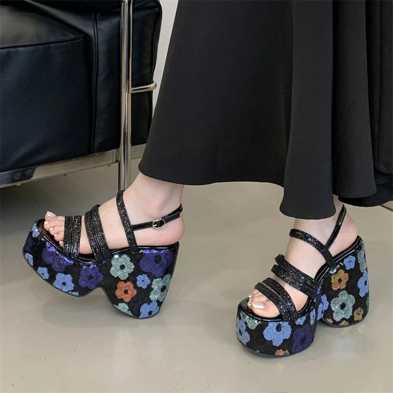 Eilyken CRYSTAL Diamonds Sequin Cloth Buckle Strap Platform Wedges Women Sandals Street Style High Heels Summer Shoes