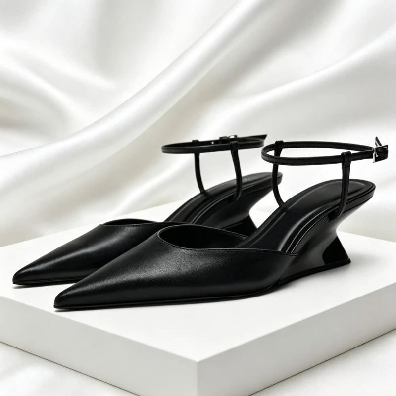 Luxury Brand Women's Pointed Toe Wedge Sandals Summer New Shallow One-word Buckle Designer Shoes Fashion Slingback Mules Shoes