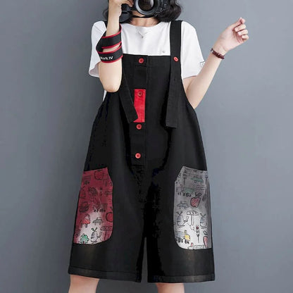 Denim Jumpsuits 2026 Summer Fabric Patch Pants Korean Style Wide Leg Shorts Loose Playsuits One Piece Outfits Women Clothing