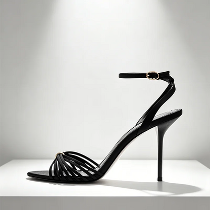 Elegant Ankle Strap Narrow Band Heeled Sandals Women Open-Toe High Heels for Ladies Luxury Metal Buckle Details Designer Shoes