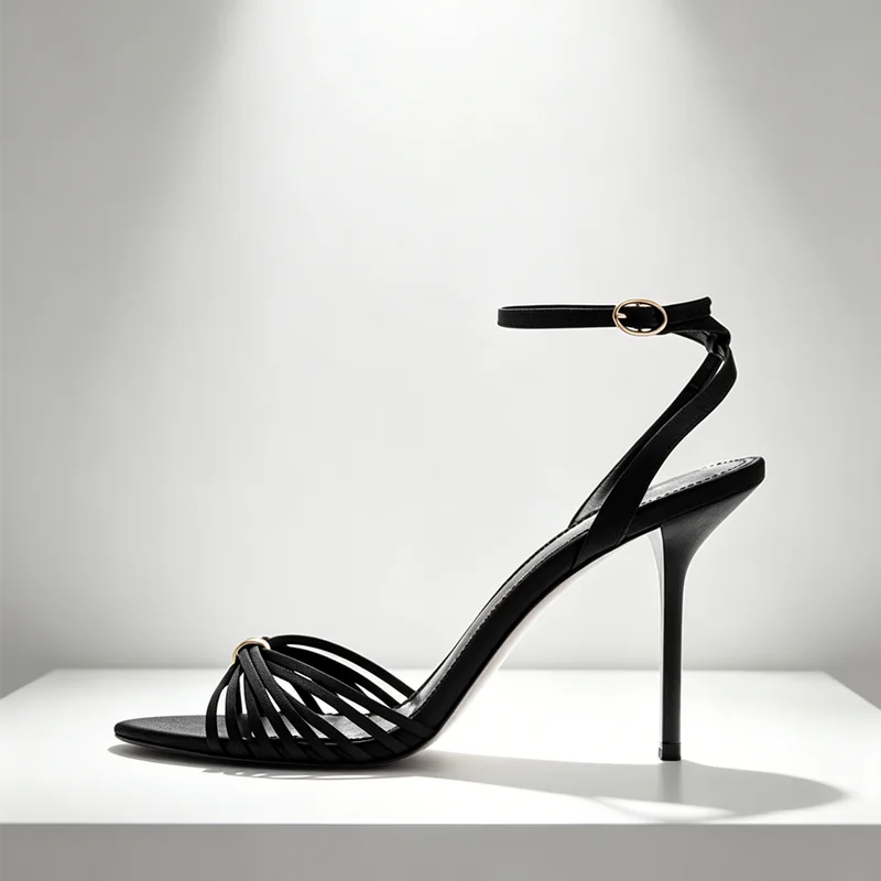 Elegant Ankle Strap Narrow Band Heeled Sandals Women Open-Toe High Heels for Ladies Luxury Metal Buckle Details Designer Shoes