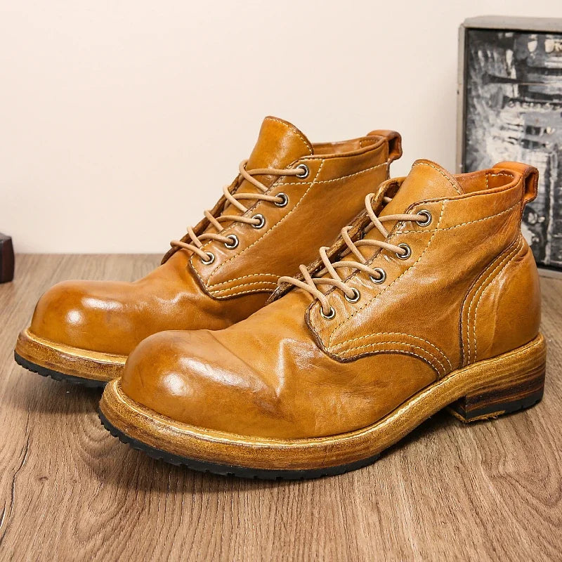 Men's Genuine Leather Goodyear-Boots Retro Work Dress Shoes Washed Horse Leather Casual Men's Shoes