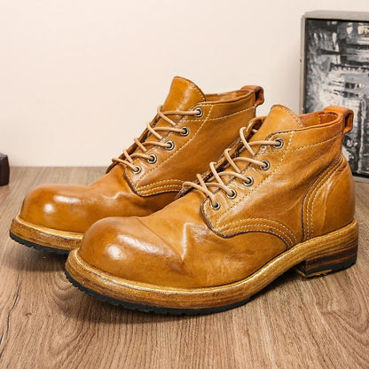 Men's Genuine Leather Goodyear-Boots Retro Work Dress Shoes Washed Horse Leather Casual Men's Shoes