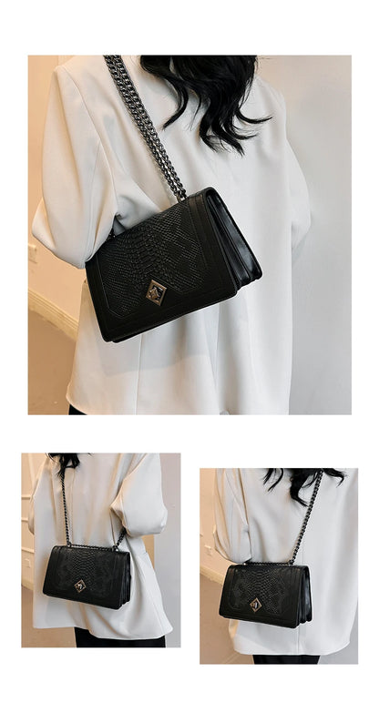 Leather Shoulder Bag Chain Purse for Women - Fashion Crossbody Bags Vintage Snake Print Underarm Bag Square Satchel Handbag