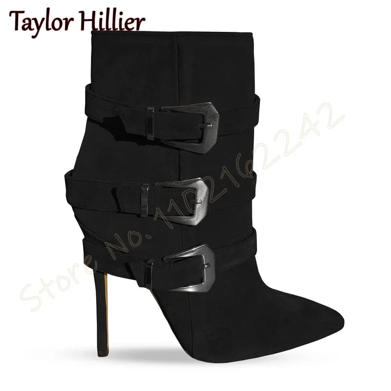 Rose Red Suede Belt Buckle Short Boots Pointed Toe Stiletto Side Zipper Modern Boots Fashion Party Catwalk Luxury Short Boots 46