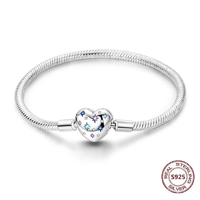 Silver 925 Bracelet Original Bracelets Colorful Zircon Heart Flower Cat Snake Chain For DIY Charms 17-20CM Luxury Jewelry Gifts