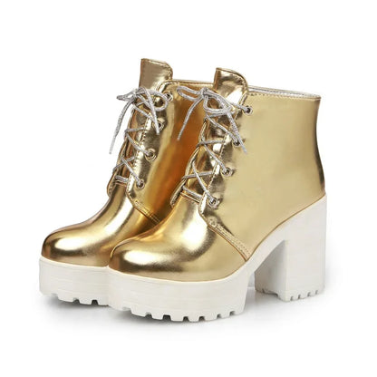 British Silver Gold Ankle Boots Women High Chunky Heels Dress Lady Round Toe Lace-up Spring Autumn Vintage Platform Short Boots