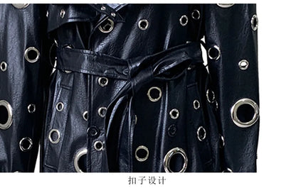 Nerazzurri Autumn Oversized Extra Long Pu Leather Trench Coat for Women Holes Hollow Out Luxury Designer Emo Streetwear Overcoat