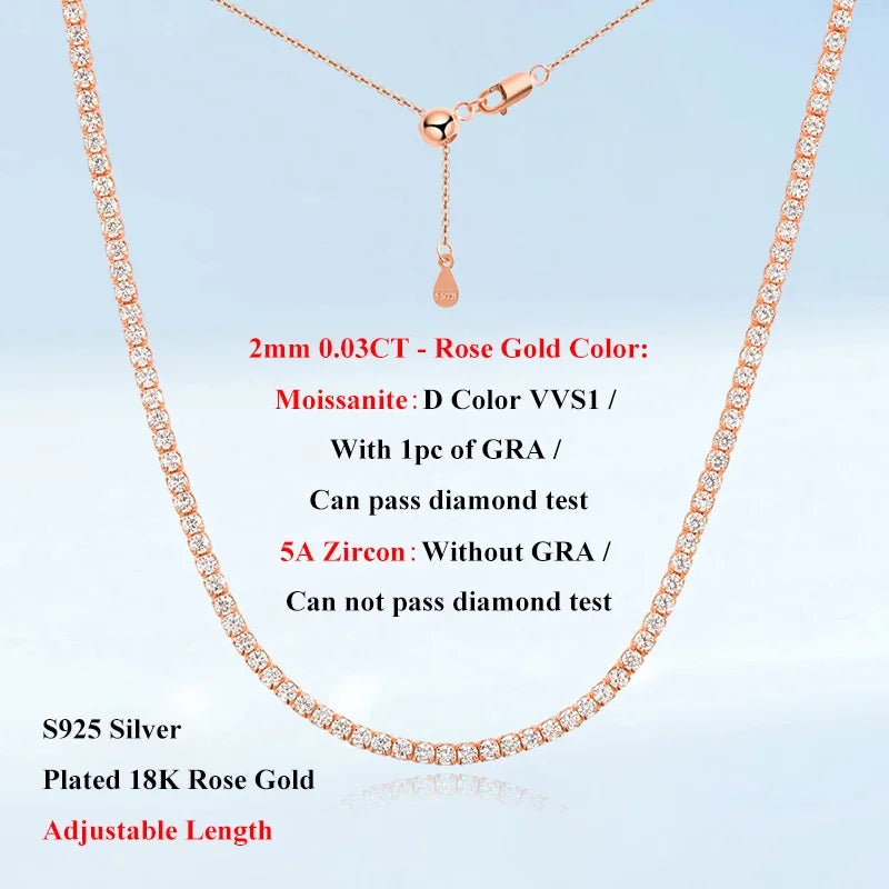 EWYA Adjustable Full 2mm 0.03CT D Color Moissanite Tennis Necklace for Women 925 Silver Plated 18K Gold Choker Neck Chain Gift