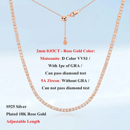 EWYA Adjustable Full 2mm 0.03CT D Color Moissanite Tennis Necklace for Women 925 Silver Plated 18K Gold Choker Neck Chain Gift